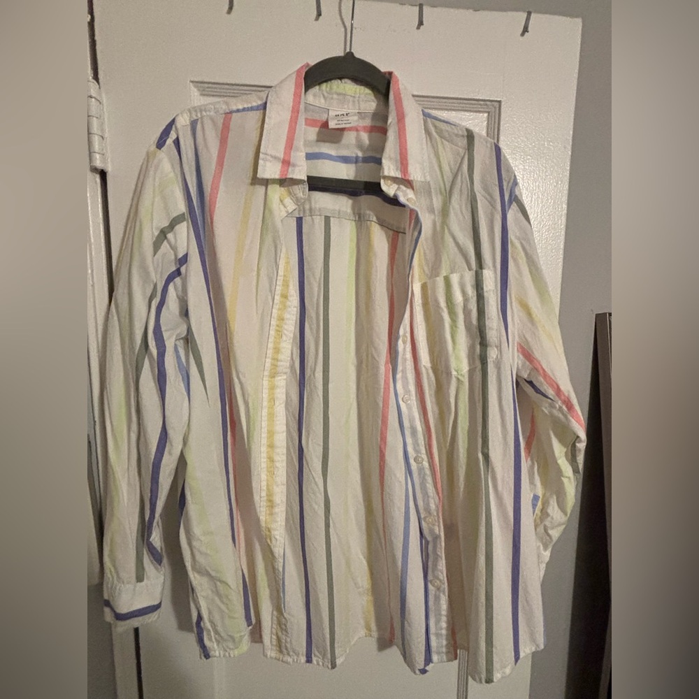 GAP White Shirt with Pink, Blue, Purple and Lime Stripes